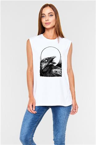 Karga Baskılı Beyaz Unisex Kolsuz Tişört - Tshirt
