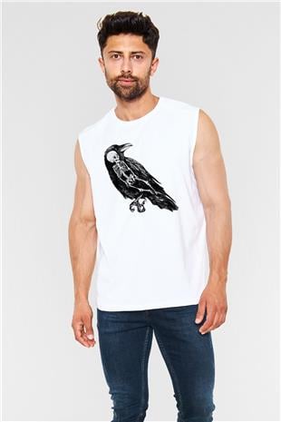 Karga Baskılı Beyaz Unisex Kolsuz Tişört - Tshirt