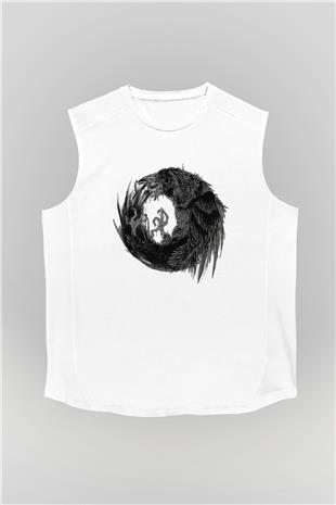 Karga Baskılı Beyaz Unisex Kolsuz Tişört - Tshirt