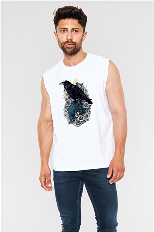 Karga Baskılı Beyaz Unisex Kolsuz Tişört - Tshirt