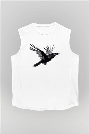 Karga Baskılı Beyaz Unisex Kolsuz Tişört - Tshirt