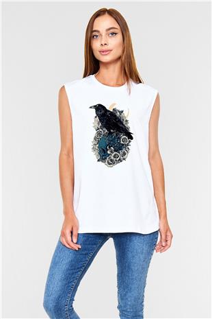 Karga Baskılı Beyaz Unisex Kolsuz Tişört - Tshirt