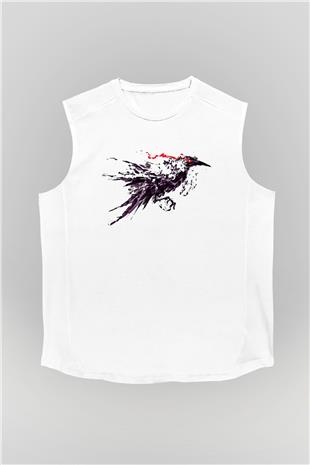 Karga Baskılı Beyaz Unisex Kolsuz Tişört - Tshirt