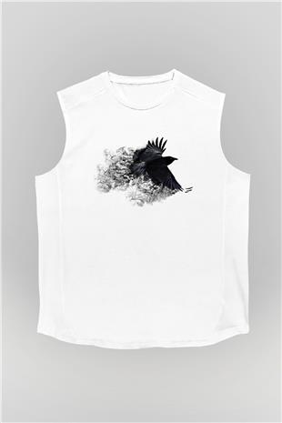 Karga Baskılı Beyaz Unisex Kolsuz Tişört - Tshirt