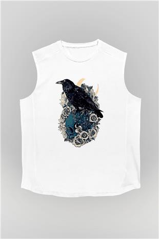 Karga Baskılı Beyaz Unisex Kolsuz Tişört - Tshirt
