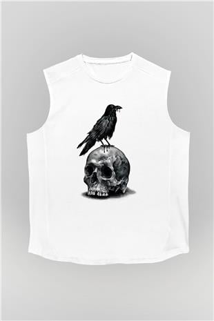 Karga Baskılı Beyaz Unisex Kolsuz Tişört - Tshirt