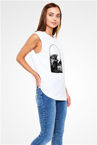 Karga Baskılı Beyaz Unisex Kolsuz Tişört - Tshirt