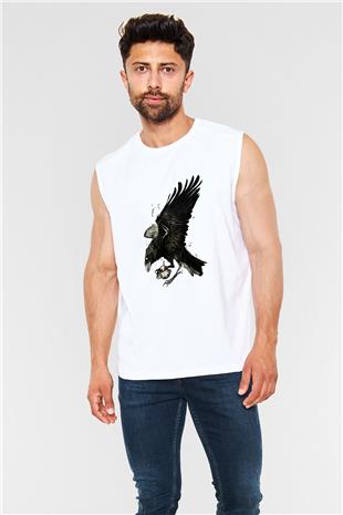 Karga Baskılı Beyaz Unisex Kolsuz Tişört - Tshirt