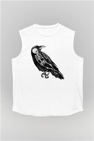 Karga Baskılı Beyaz Unisex Kolsuz Tişört - Tshirt
