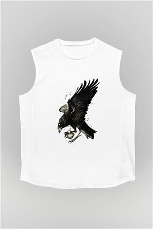 Karga Baskılı Beyaz Unisex Kolsuz Tişört - Tshirt