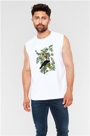 Karga Baskılı Beyaz Unisex Kolsuz Tişört - Tshirt