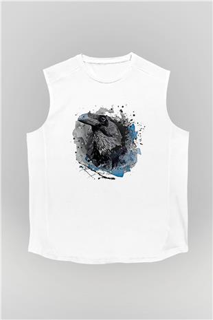 Karga Baskılı Beyaz Unisex Kolsuz Tişört - Tshirt