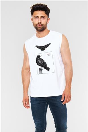 Karga Baskılı Beyaz Unisex Kolsuz Tişört - Tshirt