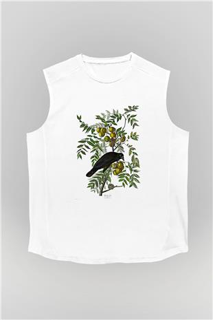 Karga Baskılı Beyaz Unisex Kolsuz Tişört - Tshirt