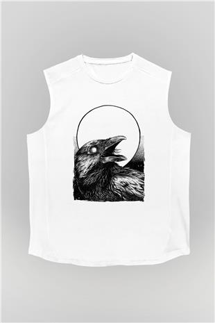 Karga Baskılı Beyaz Unisex Kolsuz Tişört - Tshirt