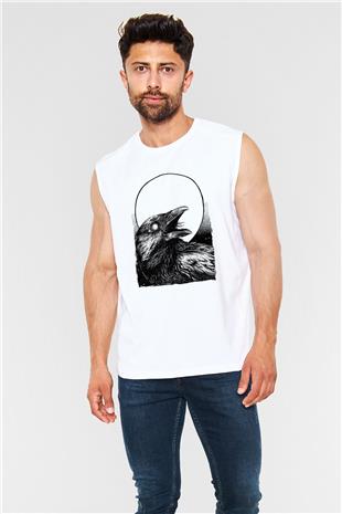 Karga Baskılı Beyaz Unisex Kolsuz Tişört - Tshirt
