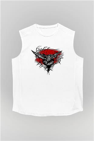 Karga Baskılı Beyaz Unisex Kolsuz Tişört - Tshirt
