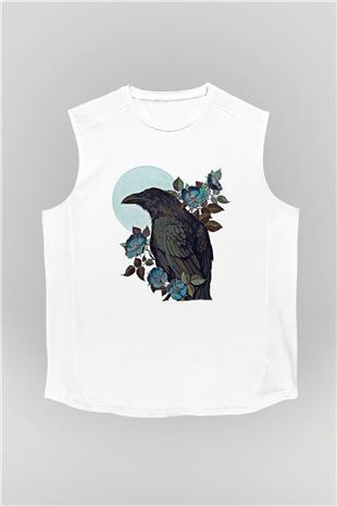 Karga Baskılı Beyaz Unisex Kolsuz Tişört - Tshirt