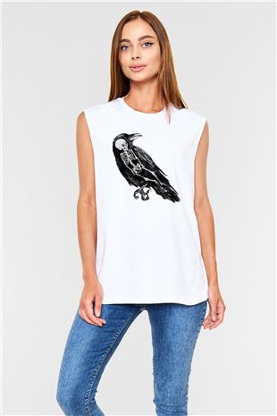 Karga Baskılı Beyaz Unisex Kolsuz Tişört - Tshirt