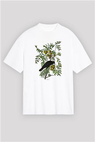Karga Baskılı Beyaz Unisex Oversize Tişört - Tshirt
