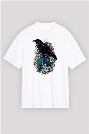 Karga Baskılı Beyaz Unisex Oversize Tişört - Tshirt