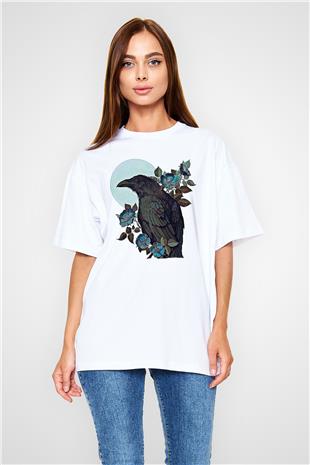 Karga Baskılı Beyaz Unisex Oversize Tişört - Tshirt