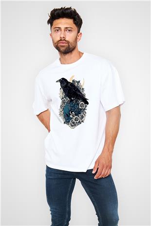 Karga Baskılı Beyaz Unisex Oversize Tişört - Tshirt