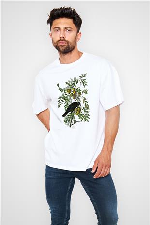 Karga Baskılı Beyaz Unisex Oversize Tişört - Tshirt