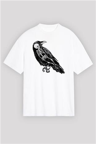 Karga Baskılı Beyaz Unisex Oversize Tişört - Tshirt