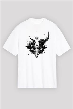 Karga Baskılı Beyaz Unisex Oversize Tişört - Tshirt