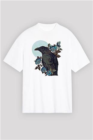 Karga Baskılı Beyaz Unisex Oversize Tişört - Tshirt