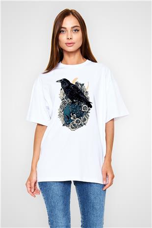 Karga Baskılı Beyaz Unisex Oversize Tişört - Tshirt
