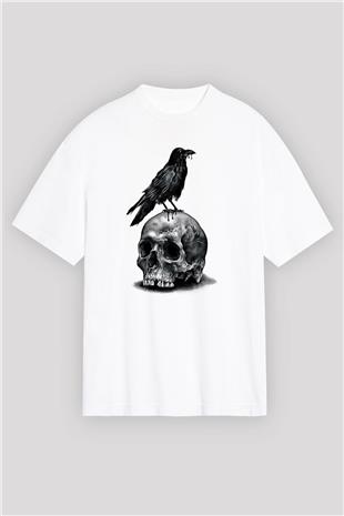 Karga Baskılı Beyaz Unisex Oversize Tişört - Tshirt