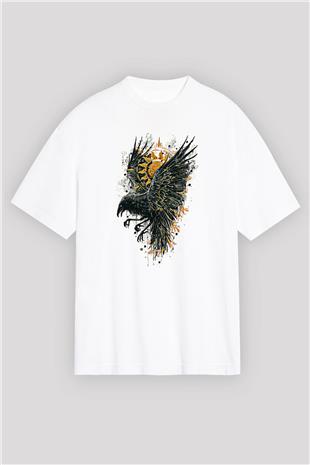 Karga Baskılı Beyaz Unisex Oversize Tişört - Tshirt