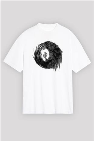 Karga Baskılı Beyaz Unisex Oversize Tişört - Tshirt