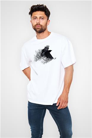 Karga Baskılı Beyaz Unisex Oversize Tişört - Tshirt