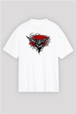Karga Baskılı Beyaz Unisex Oversize Tişört - Tshirt