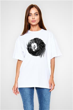 Karga Baskılı Beyaz Unisex Oversize Tişört - Tshirt