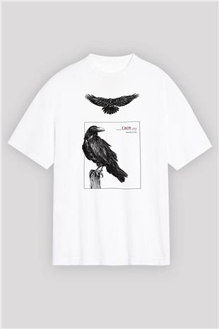 Karga Baskılı Beyaz Unisex Oversize Tişört - Tshirt