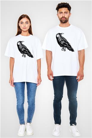 Karga Baskılı Beyaz Unisex Oversize Tişört - Tshirt