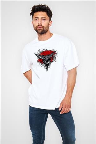 Karga Baskılı Beyaz Unisex Oversize Tişört - Tshirt