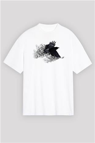 Karga Baskılı Beyaz Unisex Oversize Tişört - Tshirt