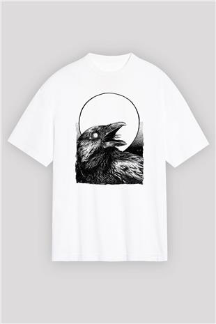 Karga Baskılı Beyaz Unisex Oversize Tişört - Tshirt