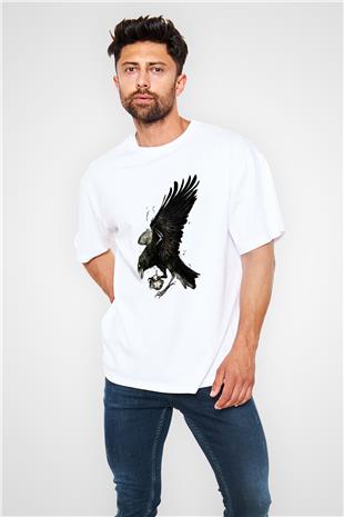 Karga Baskılı Beyaz Unisex Oversize Tişört - Tshirt