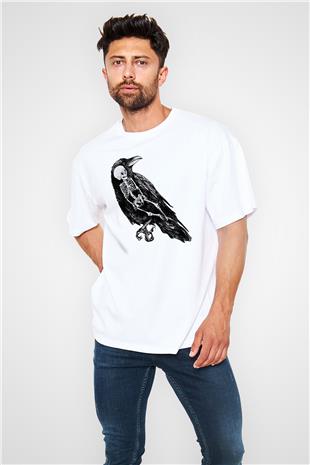 Karga Baskılı Beyaz Unisex Oversize Tişört - Tshirt
