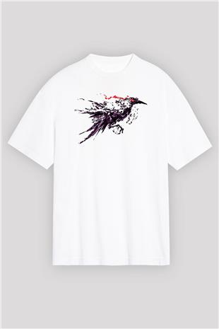 Karga Baskılı Beyaz Unisex Oversize Tişört - Tshirt