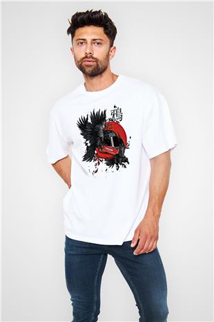 Karga Baskılı Beyaz Unisex Oversize Tişört - Tshirt