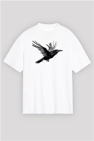 Karga Baskılı Beyaz Unisex Oversize Tişört - Tshirt
