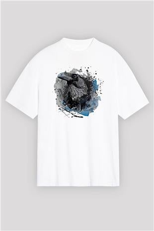 Karga Baskılı Beyaz Unisex Oversize Tişört - Tshirt