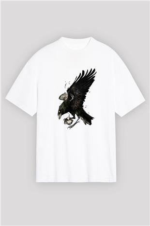 Karga Baskılı Beyaz Unisex Oversize Tişört - Tshirt